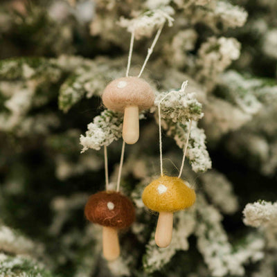 Wooden Wool Mushroom Ornaments | Set of 3