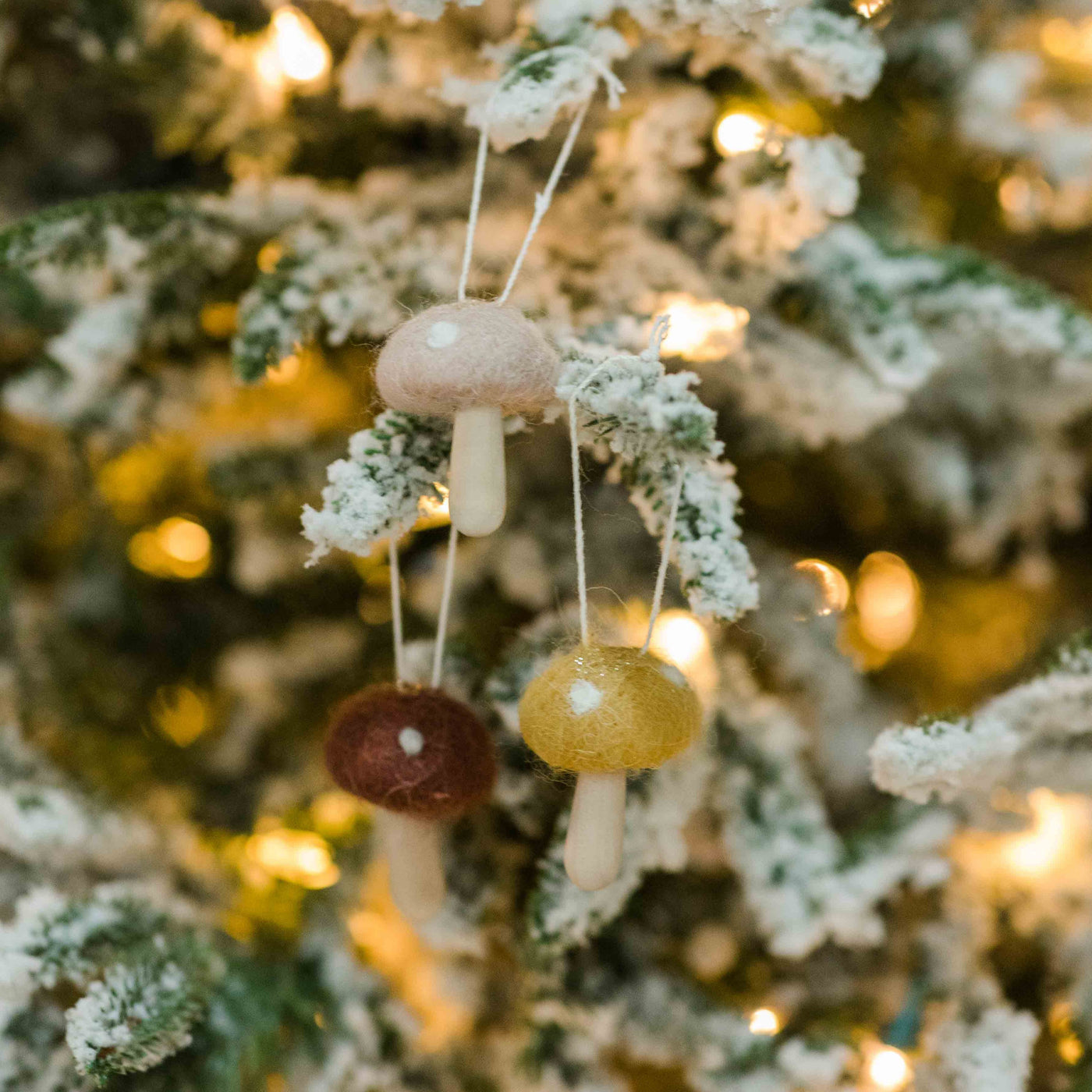 Wooden Wool Mushroom Ornaments | Set of 3